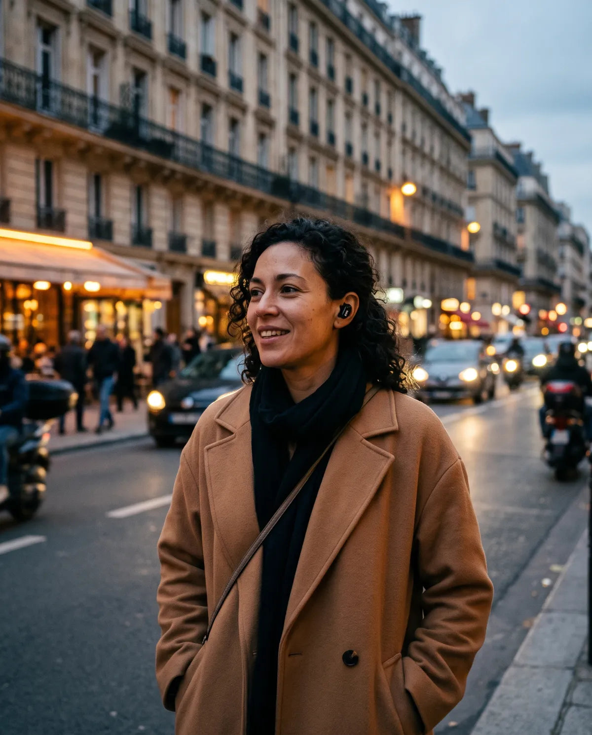 Une femme marche dans une rue animée et téléphone en mains libres avec ses écouteurs ZNP 04