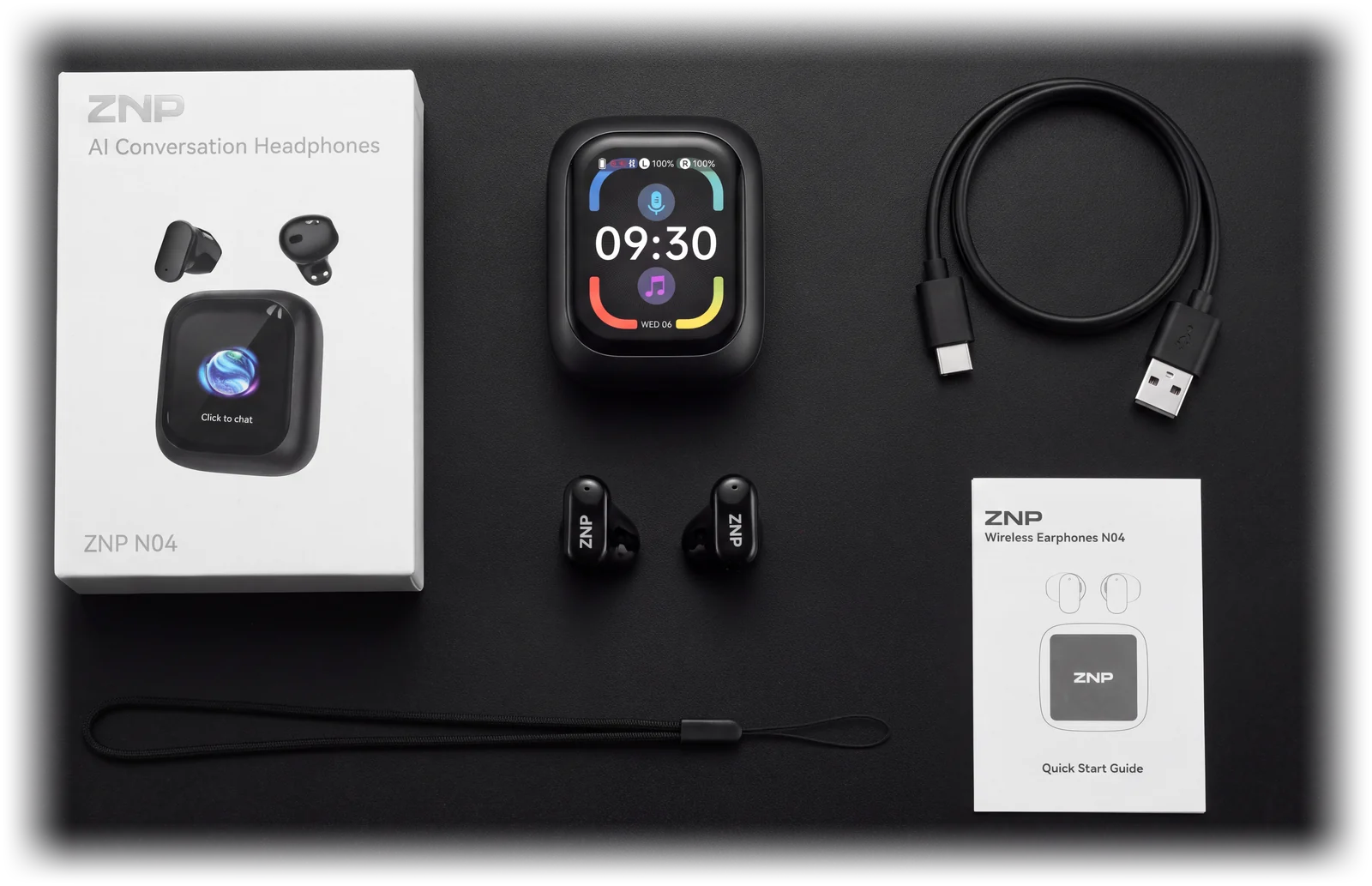 Contenu de la boîte : écouteurs, boîtier à écran, câble USB-C, cordon tour de cou et guide