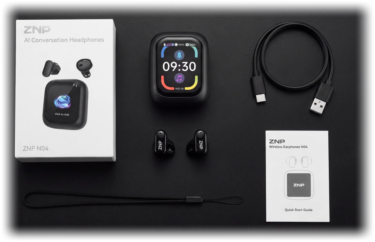 Contenu de la boîte des écouteurs ZNP 04 : écouteurs, boîtier à écran, câble USB-C, cordon tour de cou et guide