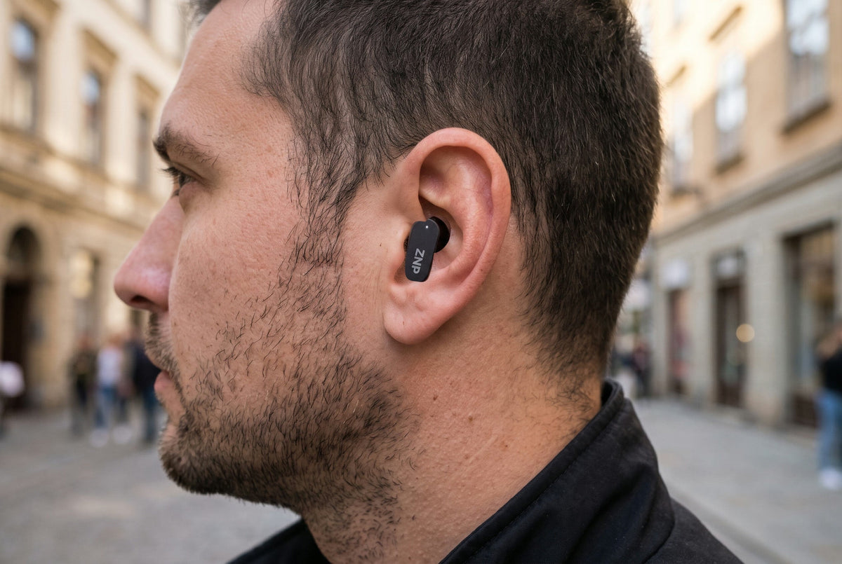 Gros plan de profil dans la rue : un écouteur ZNP 04 sans embout, posé dans le creux de l'oreille