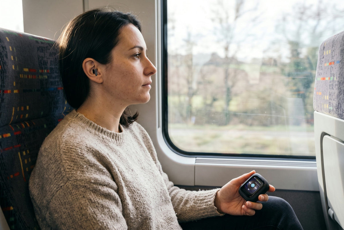 Dans un train, une voyageuse écoute sa musique avec les écouteurs ZNP 04, le boîtier à écran tactile dans la main