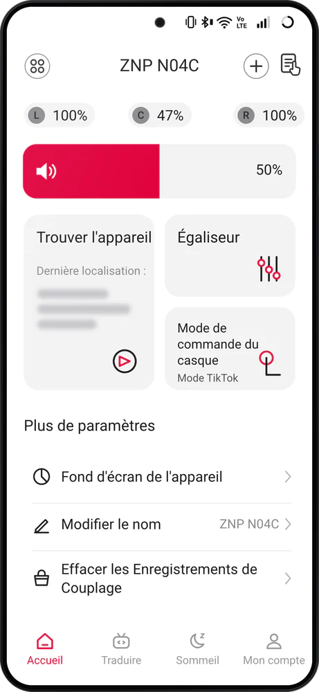 Appli AuraIntelli : l'accueil de « ZNP N04C », charge L 100 %, C 47 %, R 100 %, volume, Trouver l'appareil, Égaliseur et Mode de commande du casque