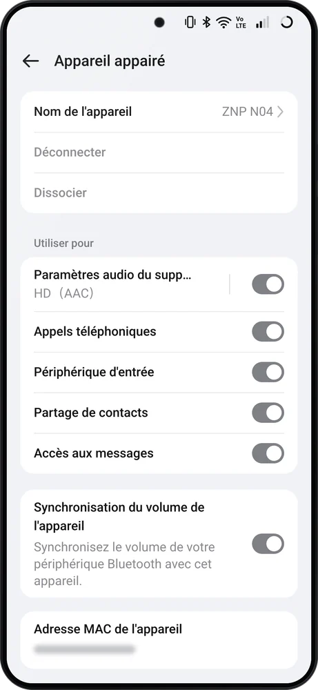 Téléphone Android : la page « Appareil appairé » de « ZNP N04 », avec « Appels téléphoniques » activé