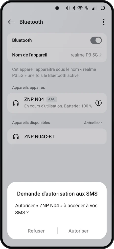 Téléphone Android : la « Demande d'autorisation aux SMS » de « ZNP N04 », avec Refuser et Autoriser
