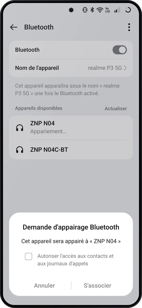 Téléphone Android : la fenêtre « Demande d'appairage Bluetooth » pour « ZNP N04 », avec Annuler et S'associer