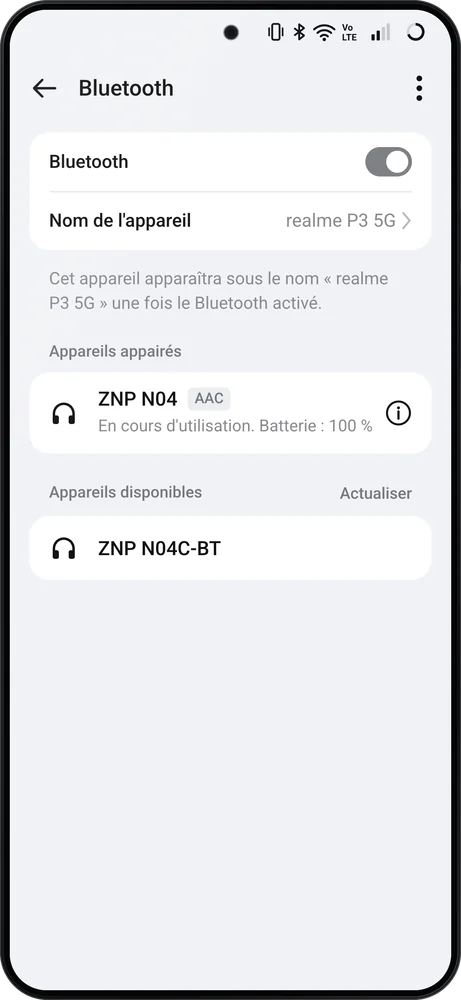 Téléphone Android : « ZNP N04 » appairé, « ZNP N04C-BT » à toucher dans les appareils disponibles