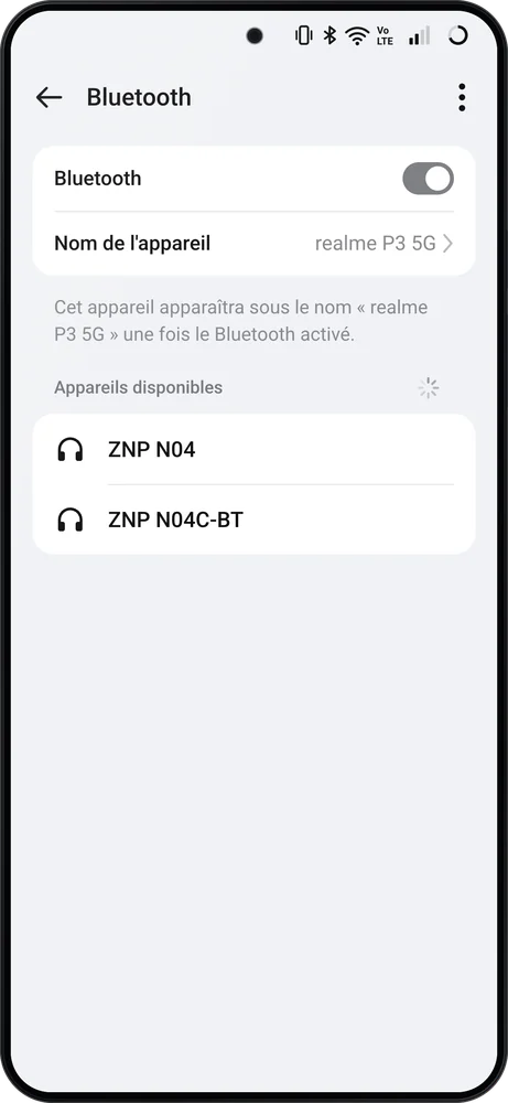 Téléphone Android : les réglages Bluetooth, « ZNP N04 » et « ZNP N04C-BT » dans les appareils disponibles
