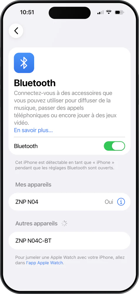 iPhone : « ZNP N04 » connecté dans « Mes appareils »