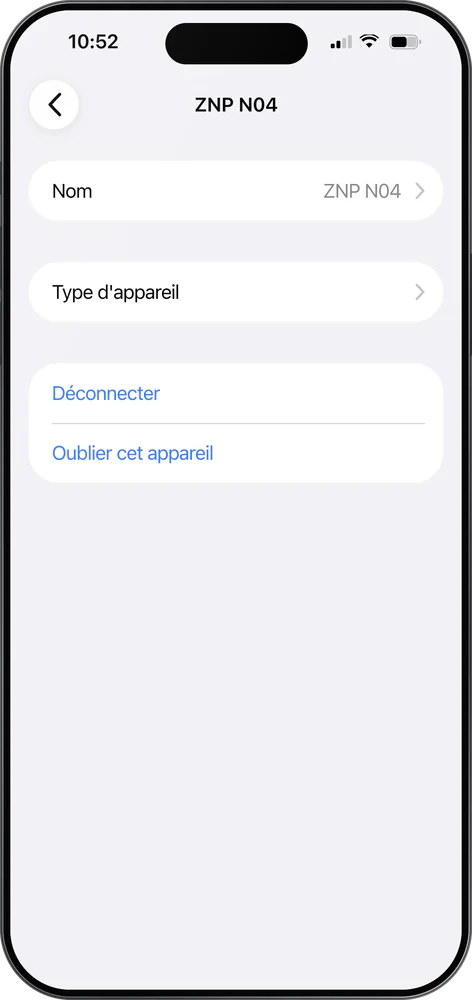 iPhone : la fiche de « ZNP N04 », avec Nom, Type d'appareil, Déconnecter et Oublier cet appareil