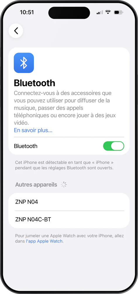 iPhone : les réglages Bluetooth, « ZNP N04 » et « ZNP N04C-BT » dans « Autres appareils »