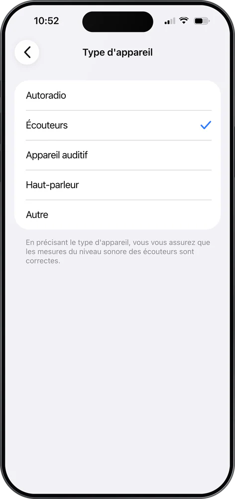 iPhone : « Type d'appareil », avec Écouteurs coché