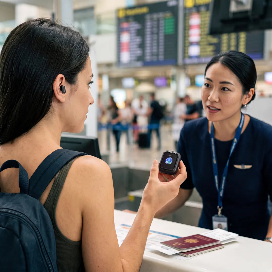 Au comptoir d'enregistrement d'un aéroport, une voyageuse porte un écouteur ZNP 04 et tend le boîtier vers l'hôtesse : l'écran affiche l'assistant IA qui écoute