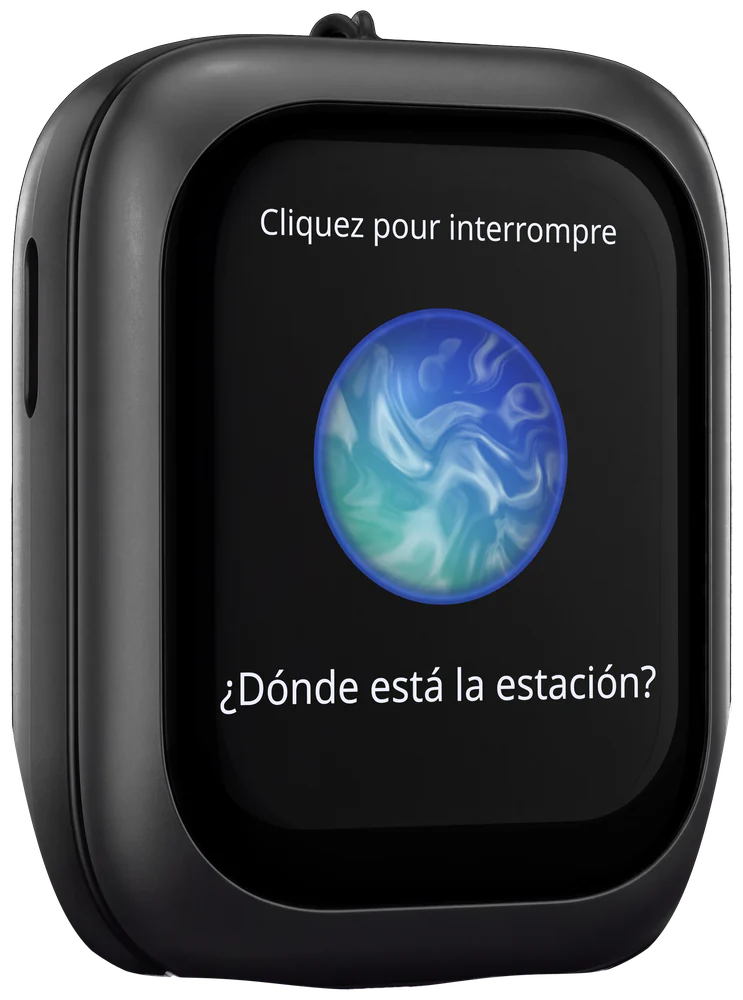 Boîtier ZNP 04 : l'assistant IA affiche la phrase traduite en espagnol, « ¿Dónde está la estación? »