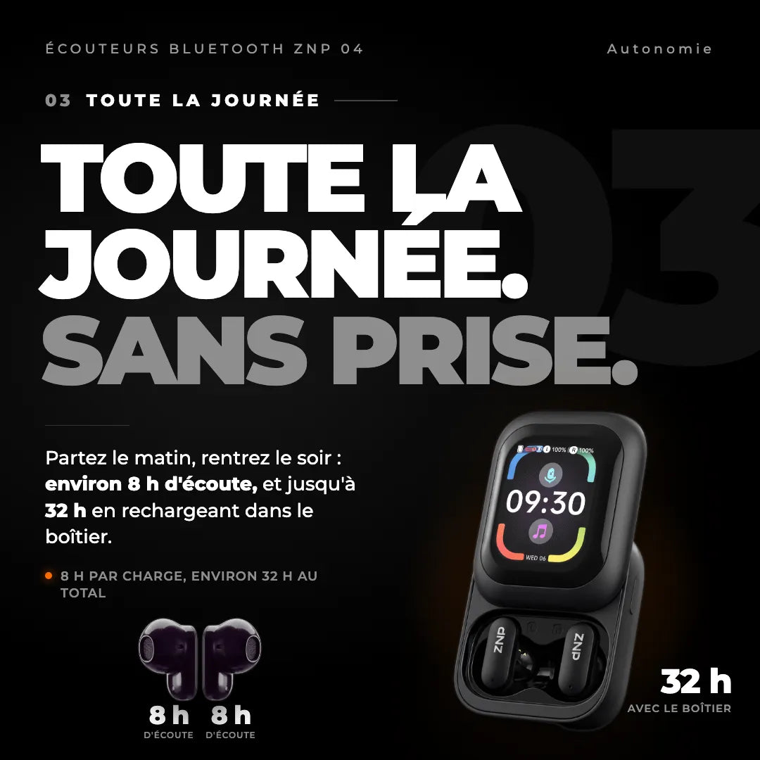 Écouteurs Bluetooth ZNP 04 : environ 8 h d'écoute, 32 h avec le boîtier
