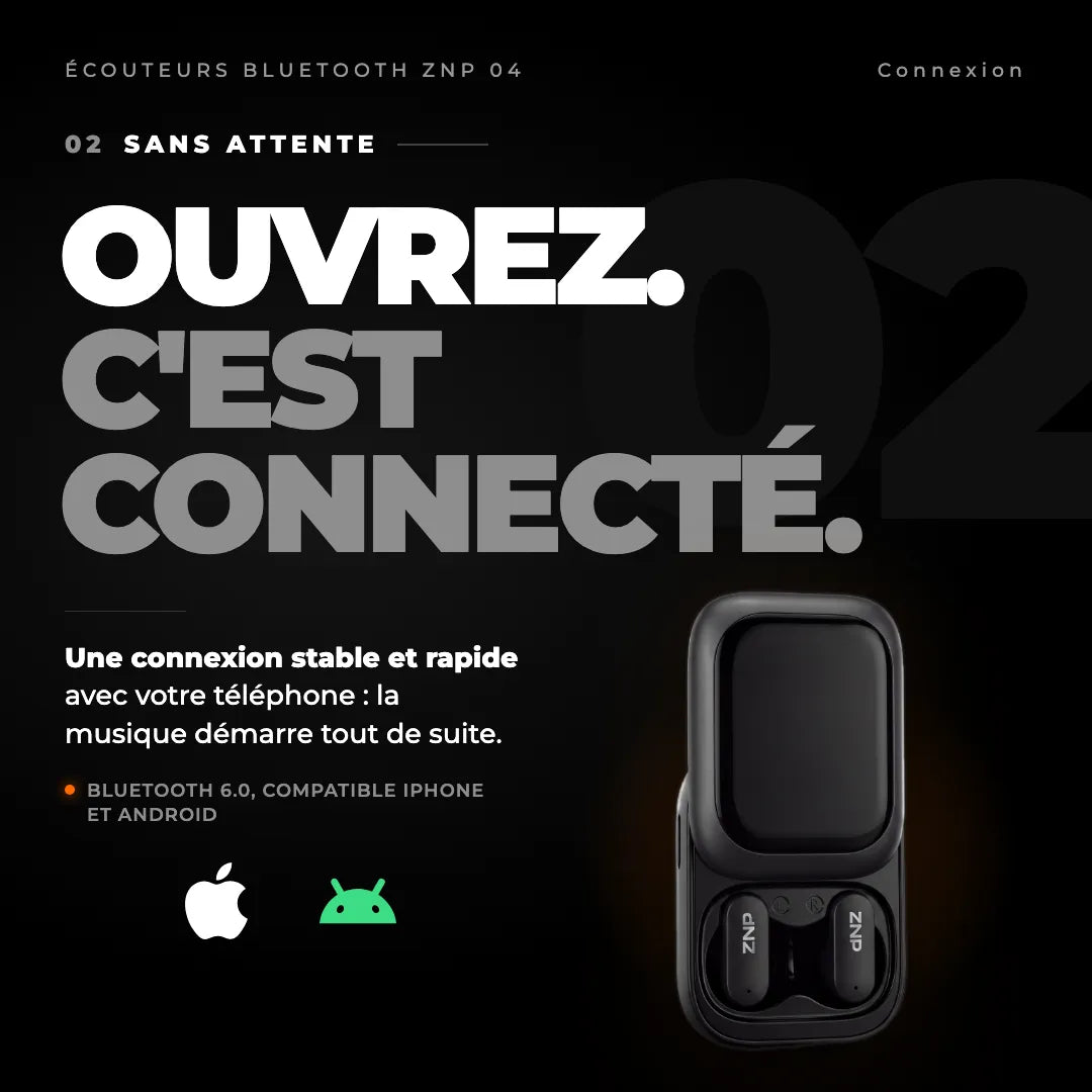 Écouteurs Bluetooth ZNP 04 : connexion Bluetooth 6.0, compatibles iPhone et Android