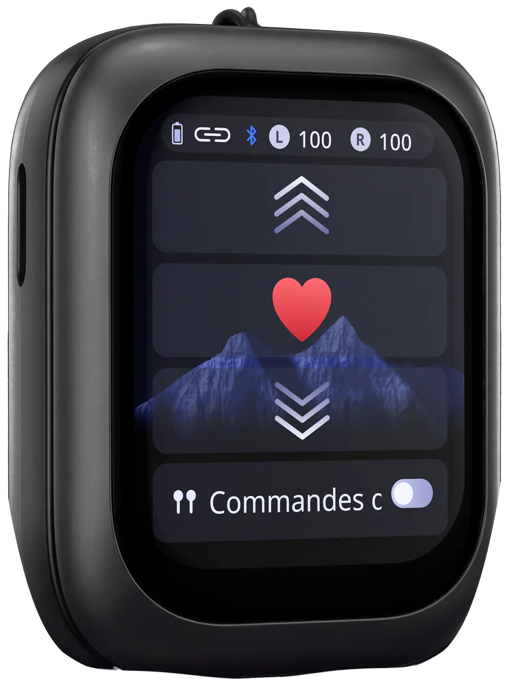 Boîtier ZNP 04 : l'écran TikTok, flèches pour faire défiler, cœur pour liker, option Commandes du casque