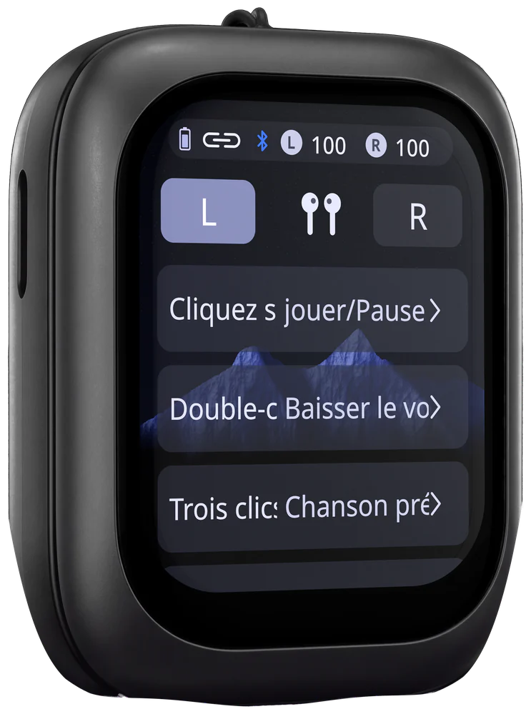Boîtier ZNP 04 : le réglage du tactile de l'écouteur gauche, Jouer/Pause, Baisser le volume, Chanson précédente